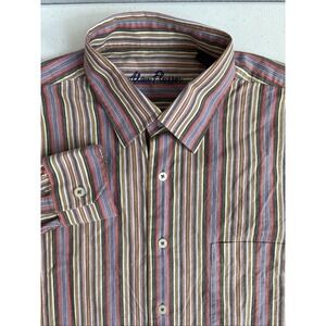 Alan Flusser Men's L Striped Blue Pink Green White‎ Cotton Long Sleeve Button Up